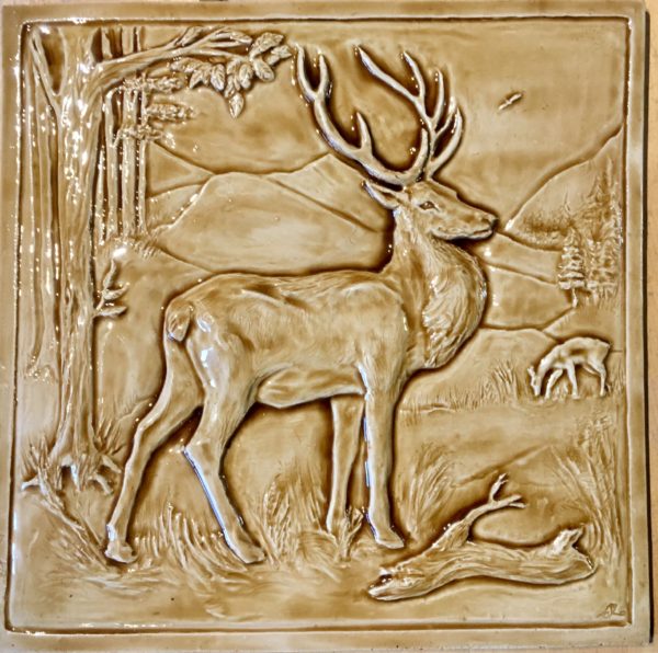 12" Kitchen Backsplash tile with Stag design in caramel glaze